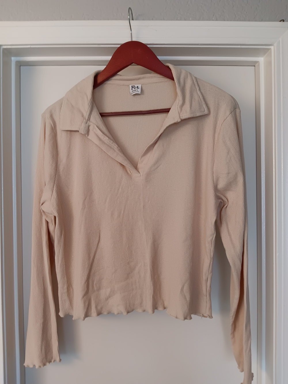 Fct Basics Ribbed Long-Sleeve Collared Top in Light Beige